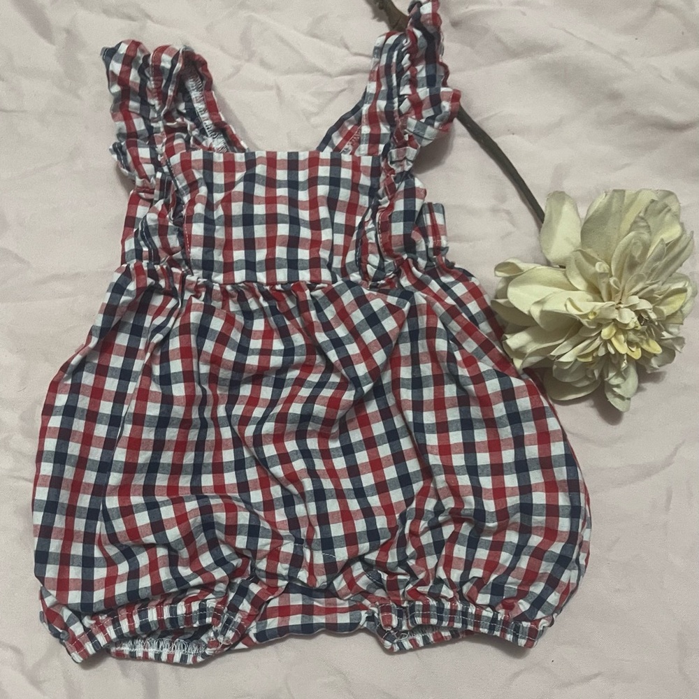 Celebrate It Red White & Blue Gingham Bubble Romper with Ruffle Straps